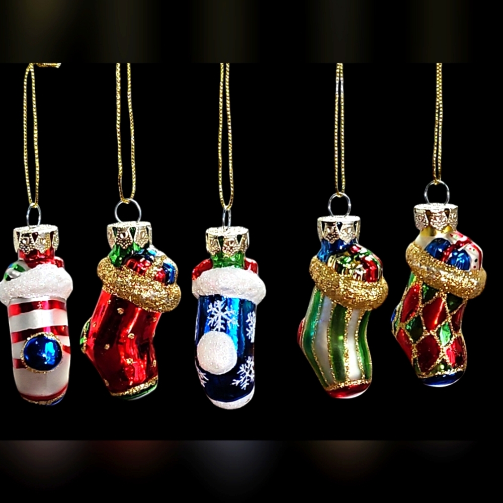 Vintage painted glass stocking Ornaments set of 5 bright colors